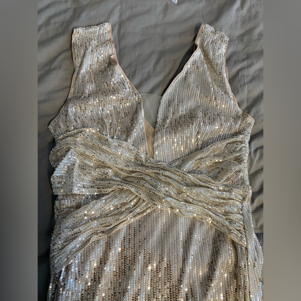 Silver Backless Sequin Gown with V-neck for Wedding Guest - Picture 7 of 11